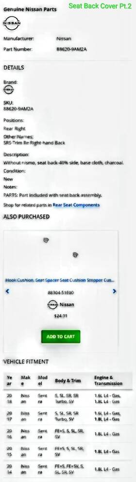 6537573 Nissan Used Seat Rear Fits 2017 Sentra Grade A