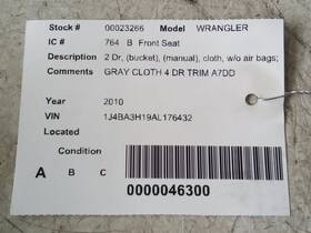 202-00764br Oem Passenger Front Seat 2 Door Bucket Manual Cloth Fits 07-10 Wrangler 216125