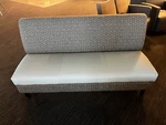 Modern Office Bench Seat Blue & Gray Patterned Upholstery, Armless Lounge. Fixed Price $135.00.