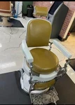 Antique Vintage Barber Chair Olive Green Upholstery Metal Frame Classic Design. Fixed Price $2500.00.